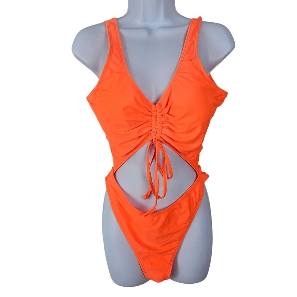 B2prity Womens XL Orange One-Piece Swimsuit Ruched Front Cutout Open Front Back